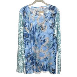 Before+Again Shirt Womens XL Blue Abstract Print Free Flowing Long Sleeve Tee